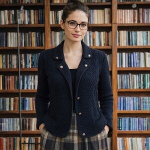 Designer wool Cardigan Navy Warm Preppy blue chunky Hand Knit In Italy sz M